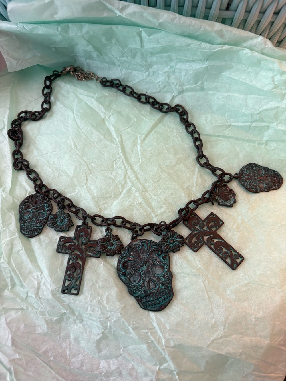 Patina Skull & Cross Charm Necklace - Decorative Teal Accent - Picture 2 of 5